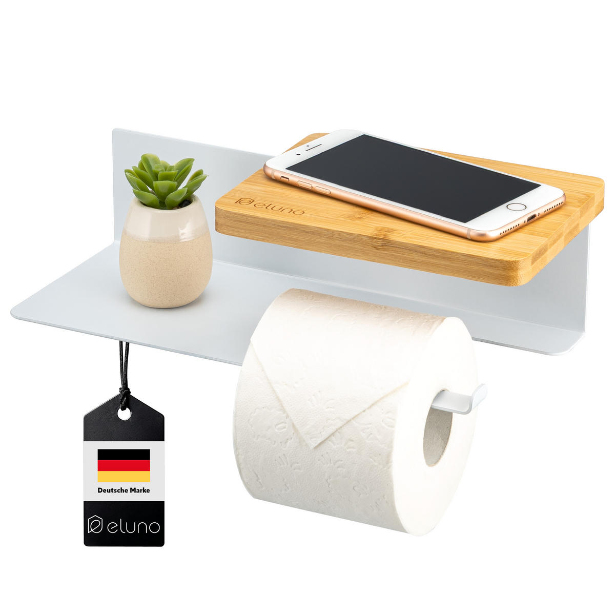 TOILETTENPAPIERHALTER VARAZ mit 2 Ablagen, Metall und Bambus - Weiß, Metall (31.5/9.5/13cm) - eluno