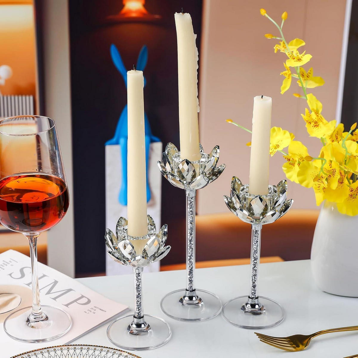 KERZENSTÄNDER 3-teiliges Set Kristall Lotus - Silberfarben, Glas (11.4/20.1/23.4cm)