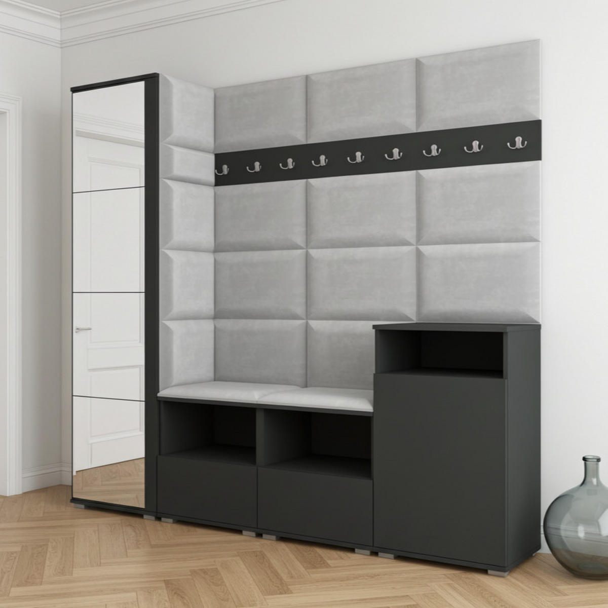 GARDEROBE NELA X 200 cm (Modulare Flurmöbel Graphit mit Spiegel & Sitzpolster Hellgrau 32 Schrank + Sideboard) - Silberfarben/Hellgrau, Holz/Holzwerkstoff (200/187/40cm) - Ravio