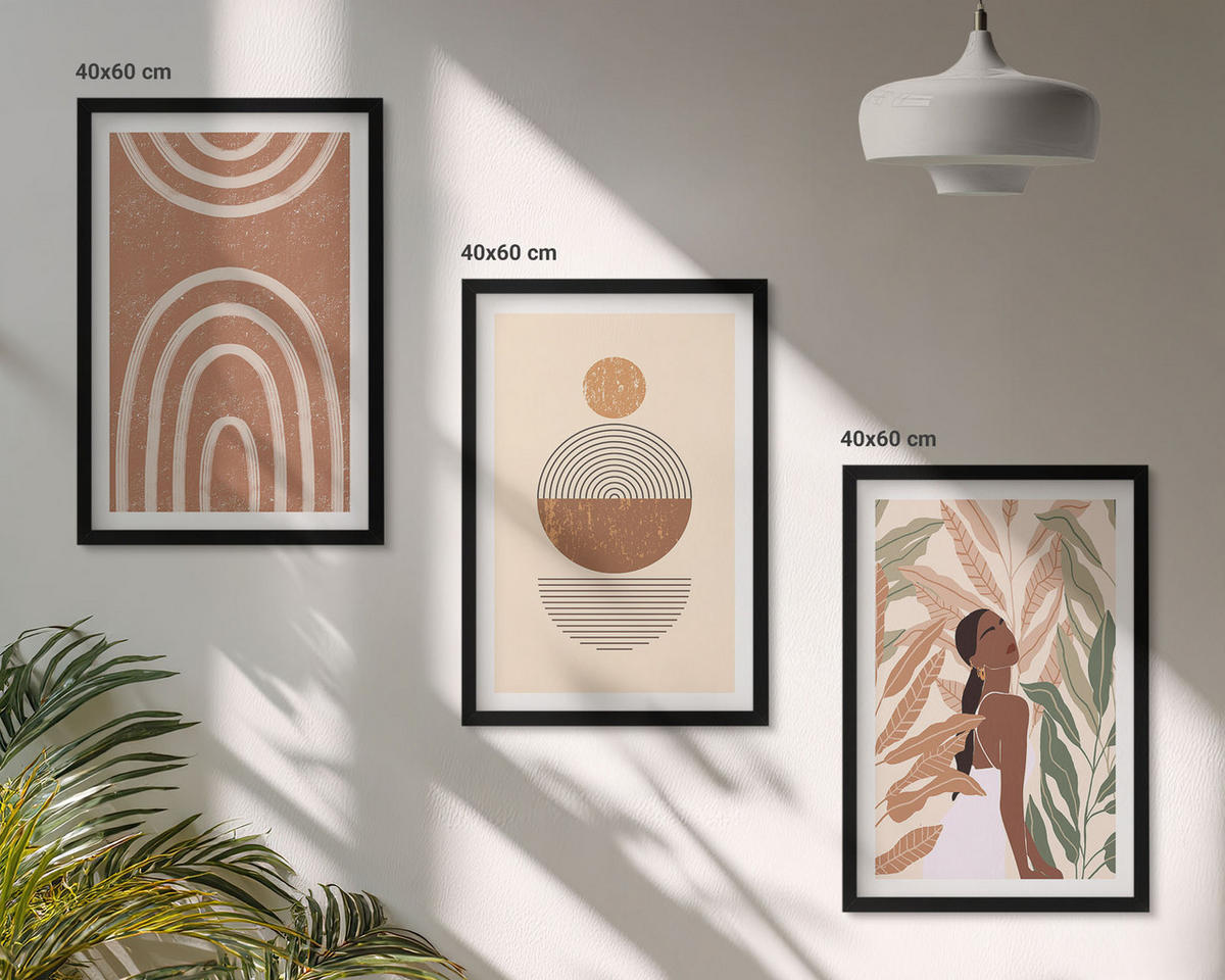 WANDBILDER 3er-Set - 40x60 cm Schwarzer Rahmen - Stilvolle Pflanzenmuster und Geometrie - Schwarz, Kunststoff (40/60cm) - ArtPrintCave