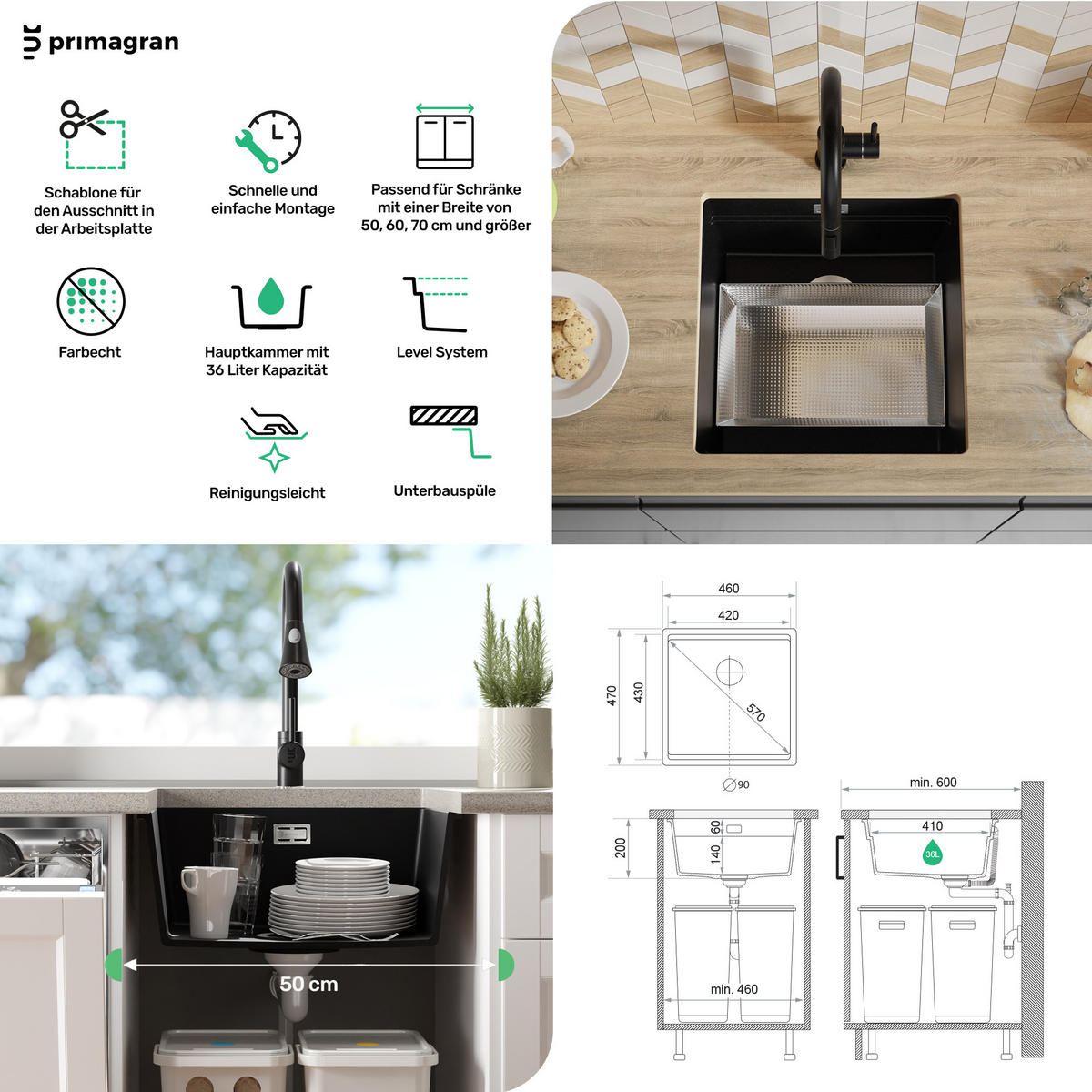 UNTERBAUSPÜLE GRANIT Praga, 2-er set Weiß 46/47 cm 1 Becken + Küchenarmatur 38/14 cm + Ablauf-Set + Aufrollbare Abtropffläche ab 50er Unterschrank - Chromfarben/Weiß, Kunststoff (46/20/47cm) - Primagran