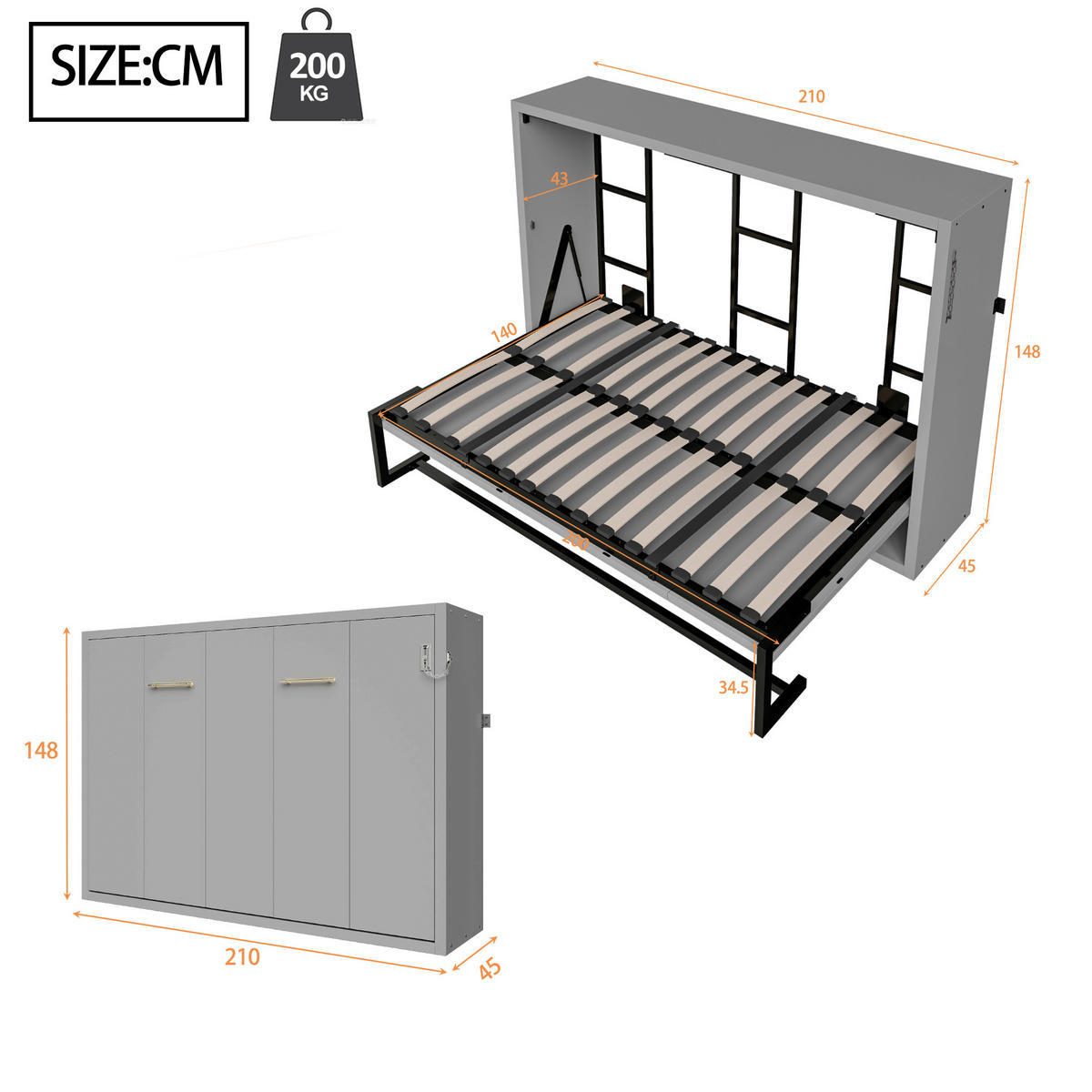 KLAPPBETT 140/200 cm in Grau Metall und Holz mit Wandverriegelung - Grau, Holzwerkstoff/Metall (140/200cm) - WISHDOR