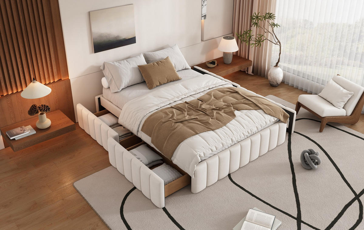 POLSTERBETT 140/200 cm Beige aus Samt mit 4 Schubladen - Beige, Textil (140/200cm) - OKMYHOME