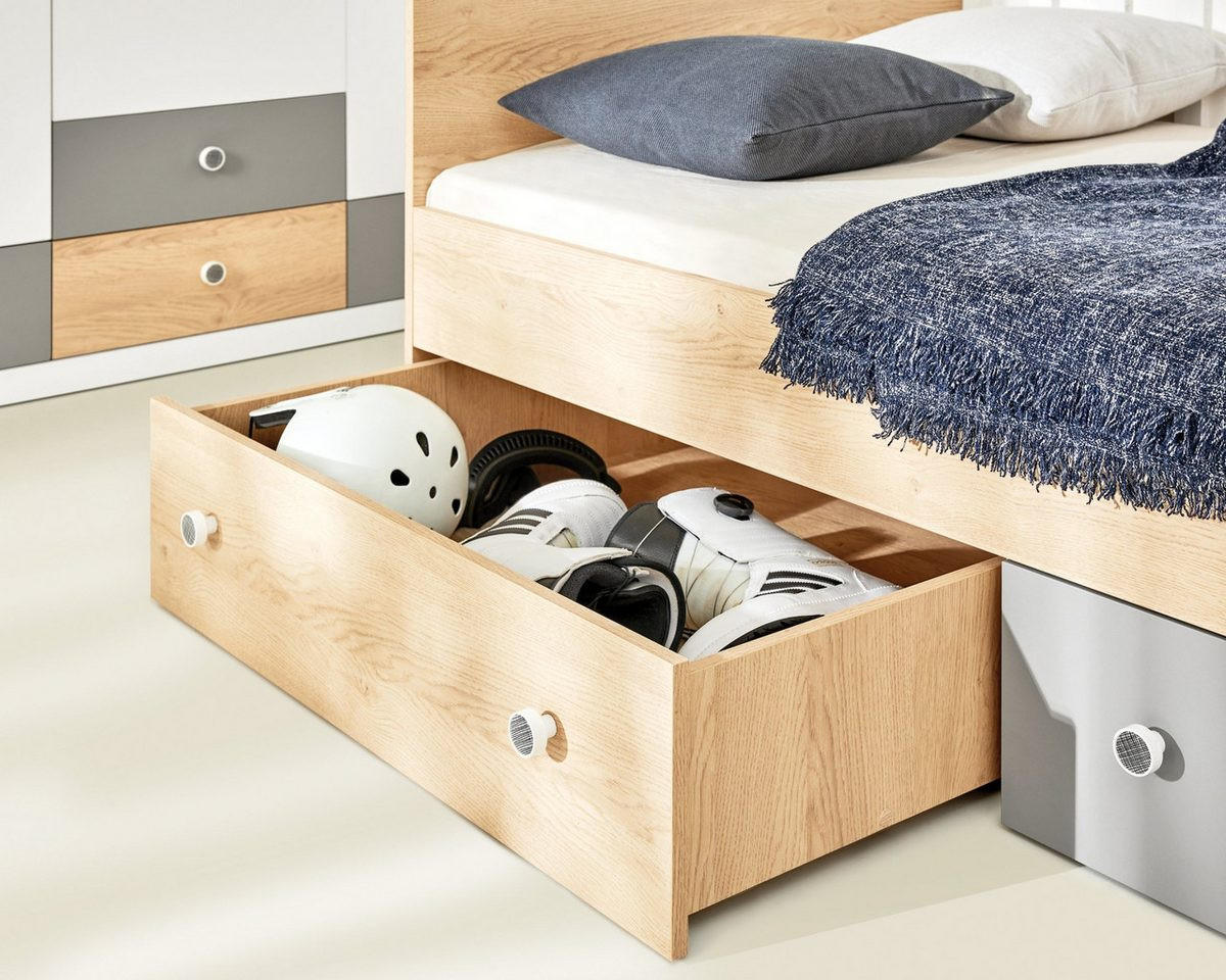 JUGNEDBETT POKO 14 90/200 cm in Biskuiteiche / Weiß Lux / Grau - Eichefarben/Weiß, Holzwerkstoff (90/200cm) - Deine Möbel 24