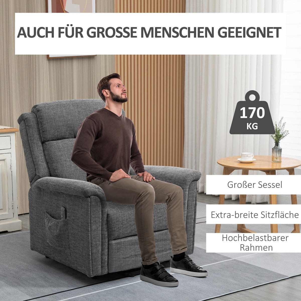 FERNSEHSESSEL mit Aufstehhilfe, Grau - Grau, Kunststoff (87/108/92cm) - HOMCOM