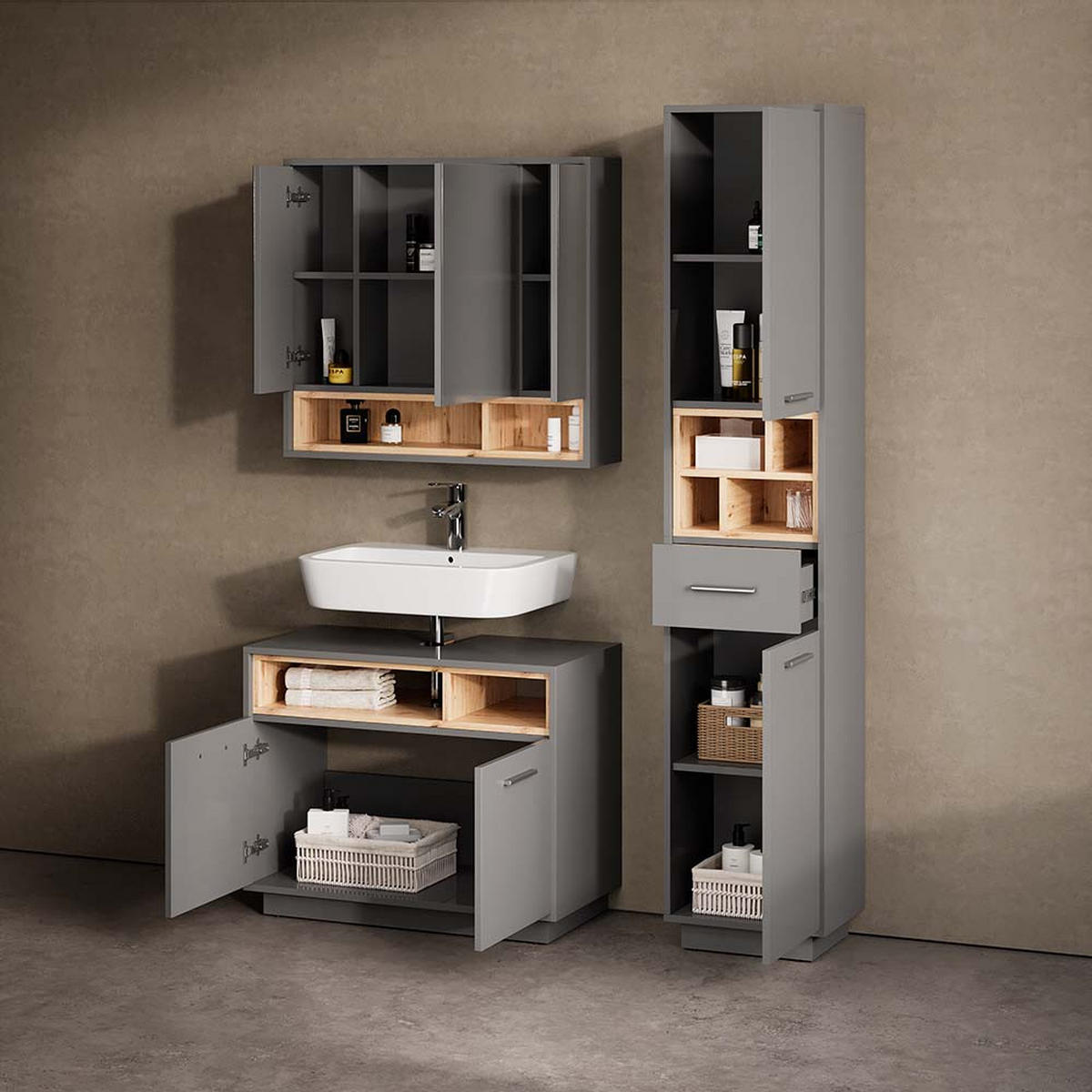 BADSCHRANK Temo Anthrazit 38 x 190 cm - Anthrazit/Sonoma Eiche, Holzwerkstoff (38/190/30cm) - Livinity®