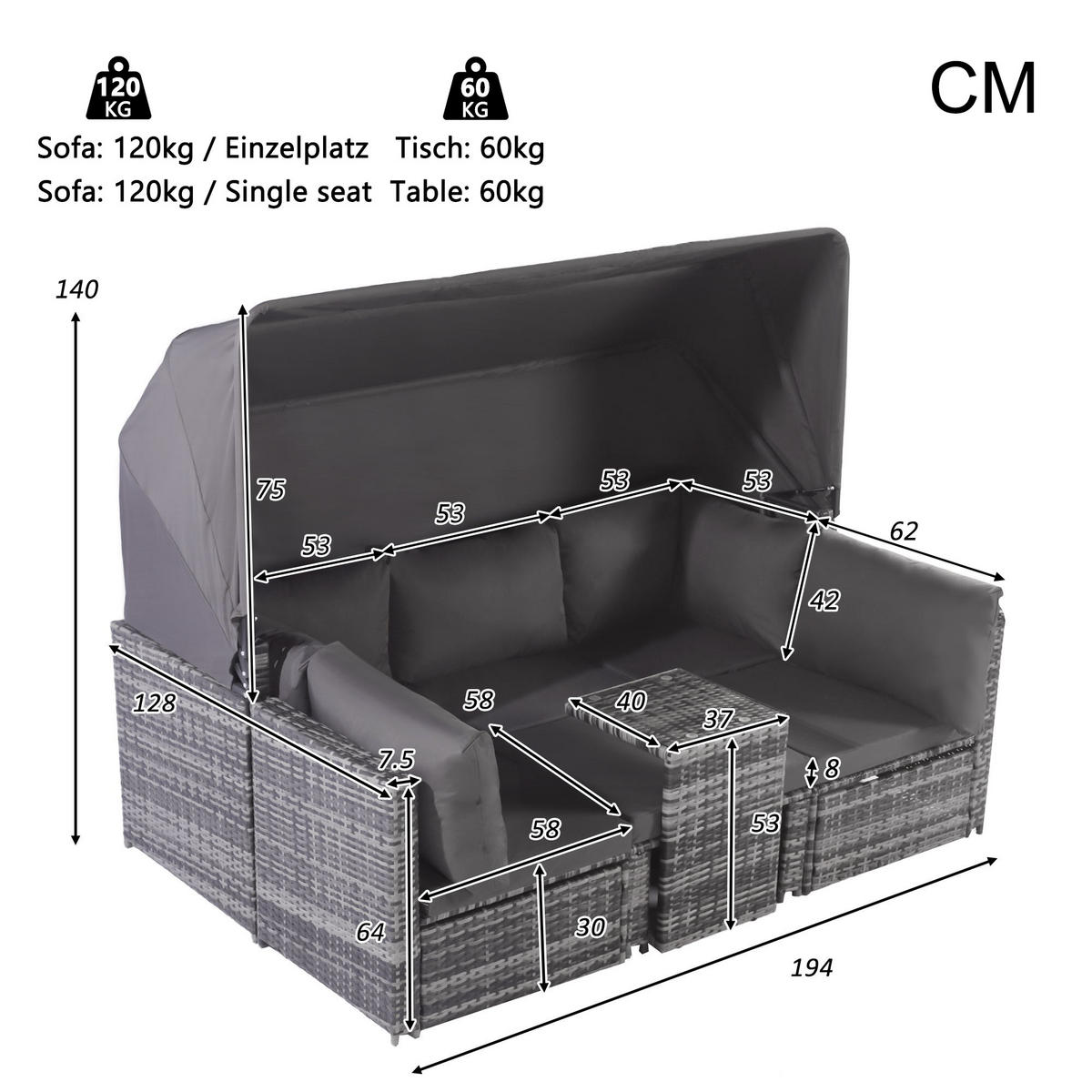 GARTENMÖBEL 194x70x157cm grau aus Rattan mit Markise - Grau, Kunststoff - Modfu