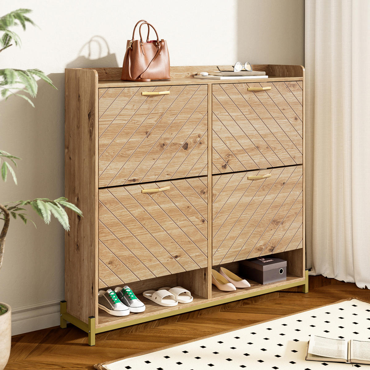 SCHUHSCHRANK aus MDF 108,5x24x100cm in Naturfarben mit Metallfüßen - Naturfarben, Holzwerkstoff (108.5/100/24cm) - Modfu