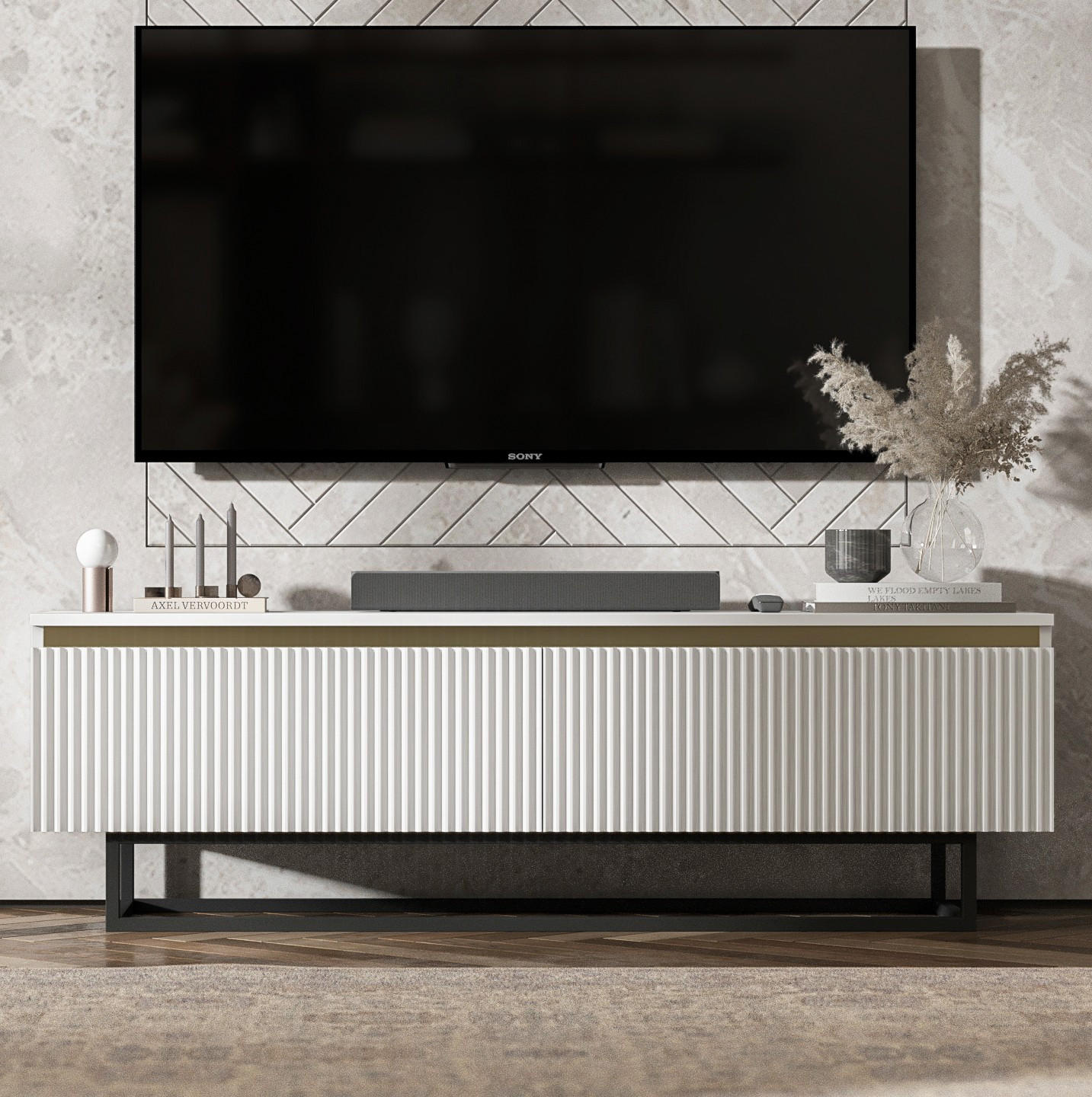 TV-SCHRANK Selene Weiß Matt mit Metallrahmen 140 cm - Schwarz/Weiß, Holzwerkstoff/Metall (140/44/35cm) - Meble Lindner