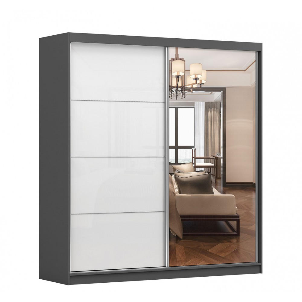 imoebel24 SCHWEBETÜRENSCHRANK Grau, Weiß 203cm × 61cm × 218cm