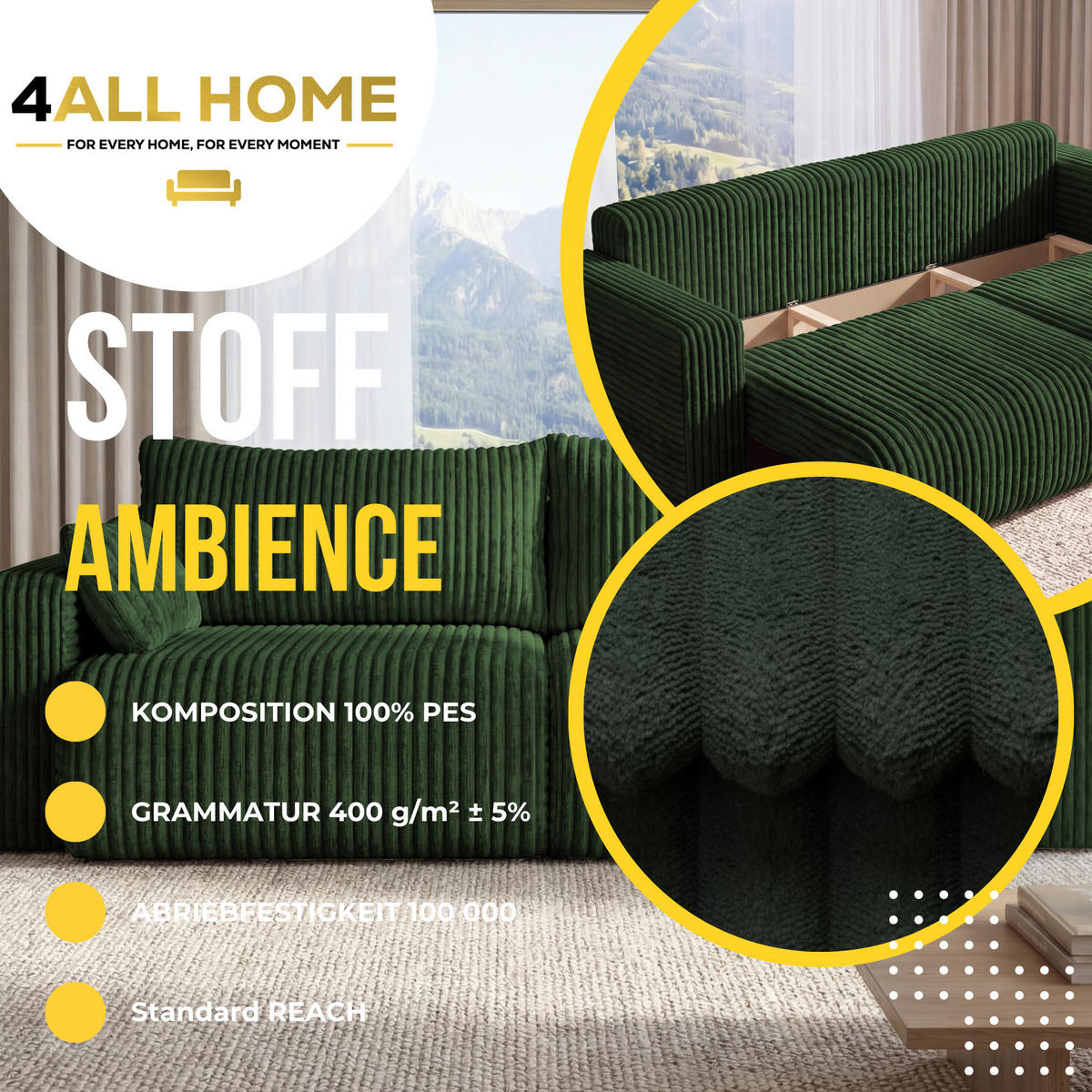 SOFA Kola mit Bettkasten und Schlaffunktion, Cordstoff - Dunkelblau, Holzwerkstoff (244/85/95cm) - 4ALL HOME