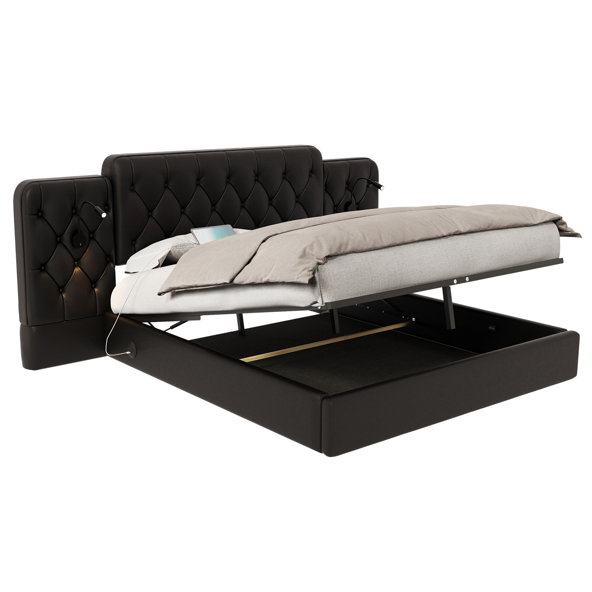 POLSTERBETT 180/200 cm in Schwarz mit Bettkasten, USB und Leselampen im gepolsterten Design - Schwarz, Holzwerkstoff/Textil (180/200cm) - STILVORA