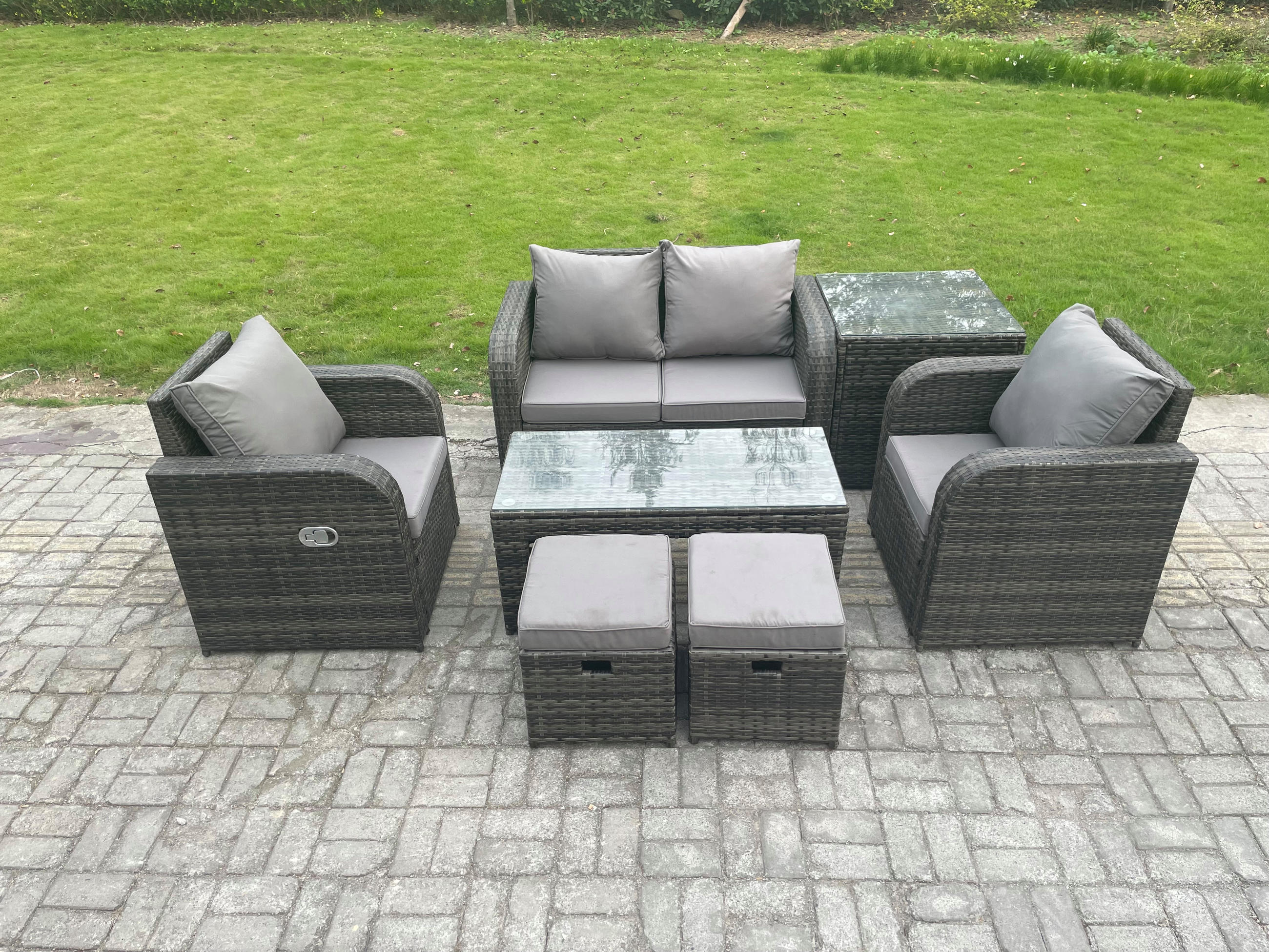 GARTENSOFA SET mit COUCHTISCH Polyrattan 6-Sitzer - Dunkelgrau/Grau, Glas/Kunststoff - Fimous