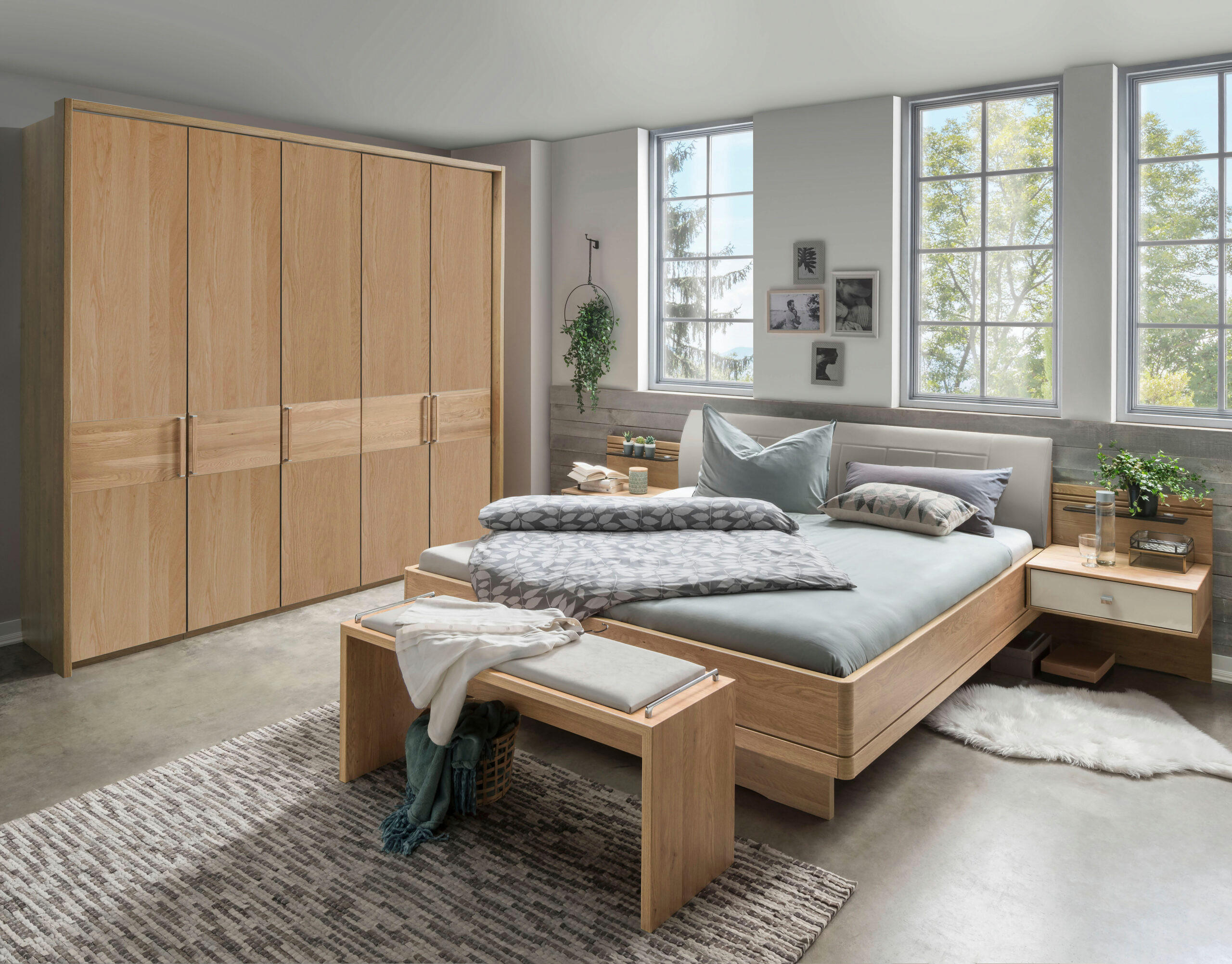 SCHLAFZIMMER Lenvara in Eiche 4 teilig mit Drehtürenschrank ohne Spiegel, Passepartout, zwei Nachttische und Komfortbett - Braun, Holzwerkstoff (80/200/120cm)