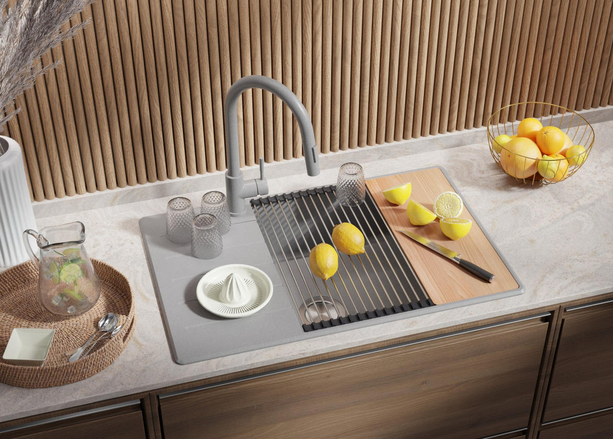 GRANITSPÜLE Kopenhagen, 2-er set Grau 78/50 cm 1 Becken + Küchenarmatur 38/14 cm + Ablauf-Set + Schneidebrett ab 60er Unterschrank - Beige/Grau, Kunststoff (78/20/50cm) - Primagran