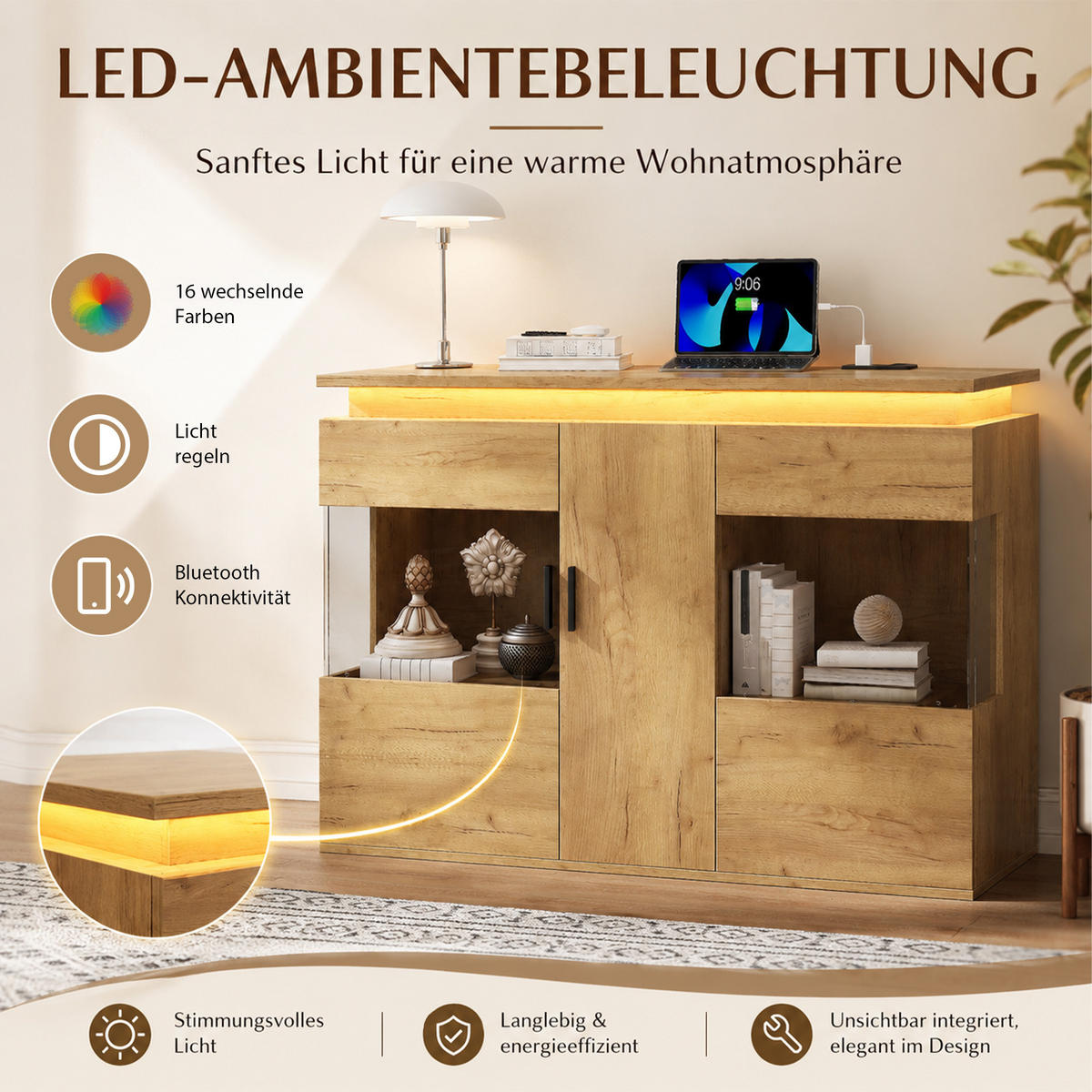 SIDEBOARD mit LED/USB-C Ladestation, Glastüren, 120x40x79,5 cm - Eichefarben/Schwarz, Holz (120/79.5/40cm) - LVHOM