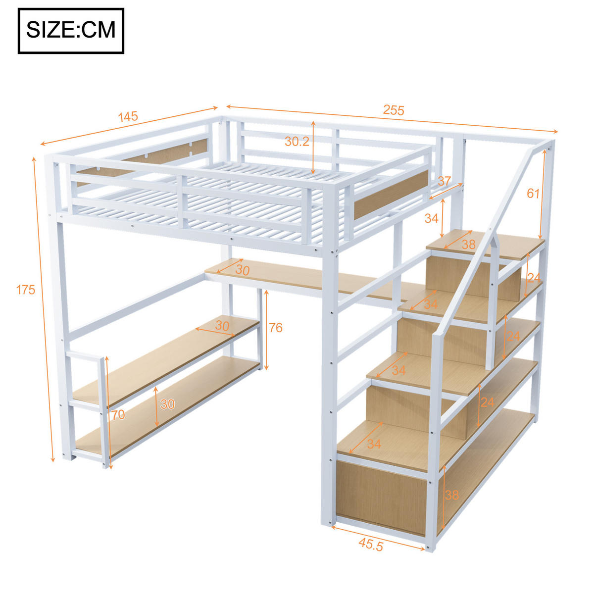 HOCHBETT 140/200 cm Weiß aus Metall mit Regalen und Tisch - Weiß, Metall (140/200cm) - OKMYHOME