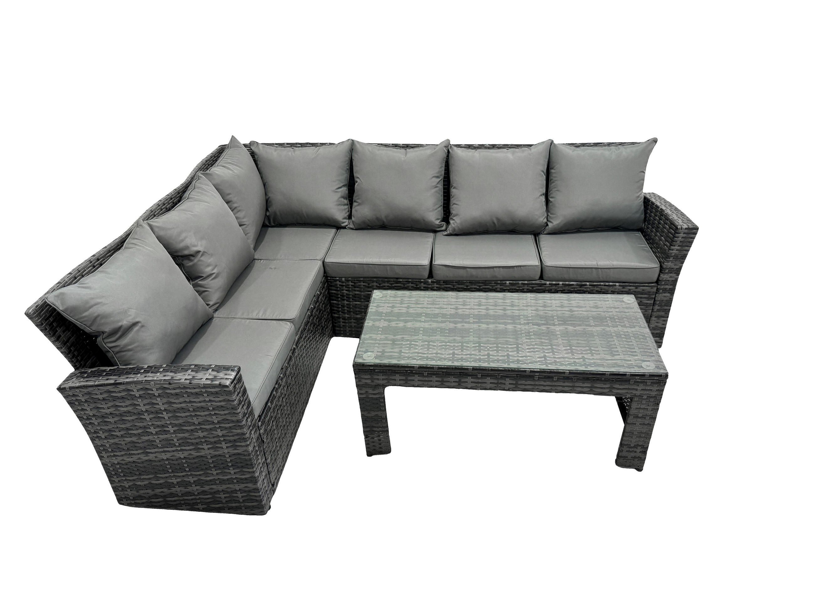 BALKONMÖBEL-SETS mit Ecksofa,Länglicher Couchtisch Polyrattan Dunkelgrau 6-Sitzer - Dunkelgrau/Grau, Glas/Kunststoff - Fimous