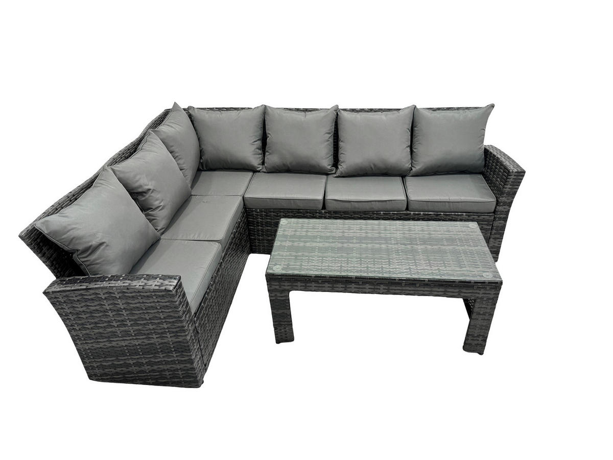 BALKONMÖBEL-SETS mit Ecksofa,Länglicher Couchtisch Polyrattan Dunkelgrau 6-Sitzer - Dunkelgrau/Grau, Glas/Kunststoff - Fimous