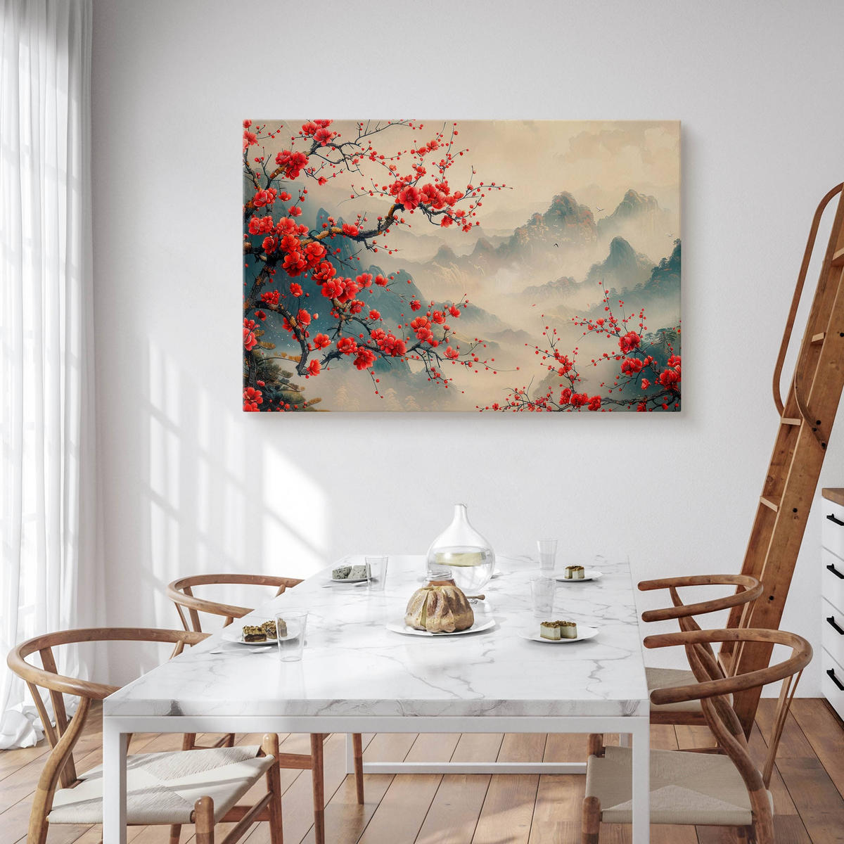 LEINWANDBILD für Wohnzimmer Blumen Berge Landschaft 120cm x 80cm - Beige/Rot, Textil (120/80cm) - Muralo
