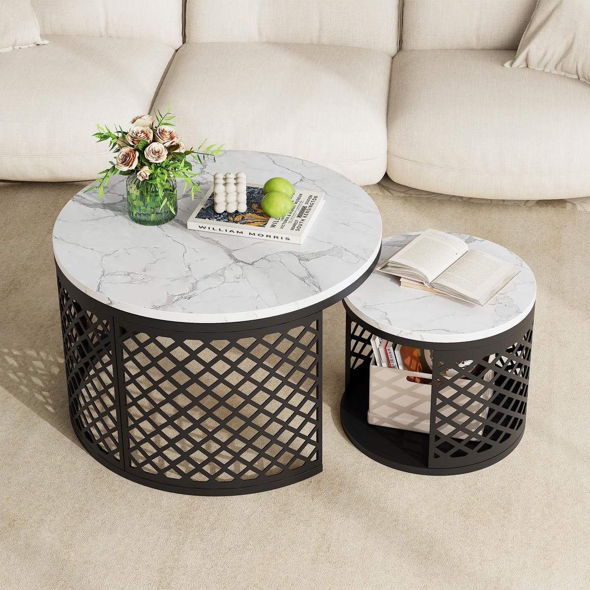COUCHTISCH 2-teiliges Set Nesting Satztisch ⌀70x45 cm + ⌀45x35 cm Weiß und Schwarz Kontrastfarbendesign - Weiß, Holzwerkstoff (70/70/45cm) - Flora Grace