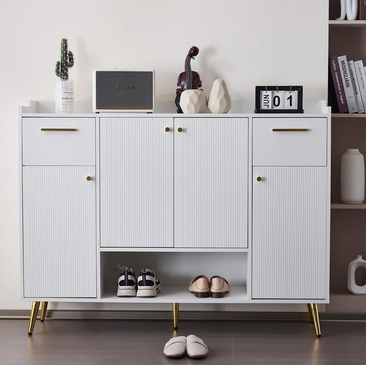 SCHUHSCHRANK 130/37/100 cm in Weiß mit 4 Türen und 2 Schubladen - Weiß, Holzwerkstoff (130/100/37cm) - Flora Grace