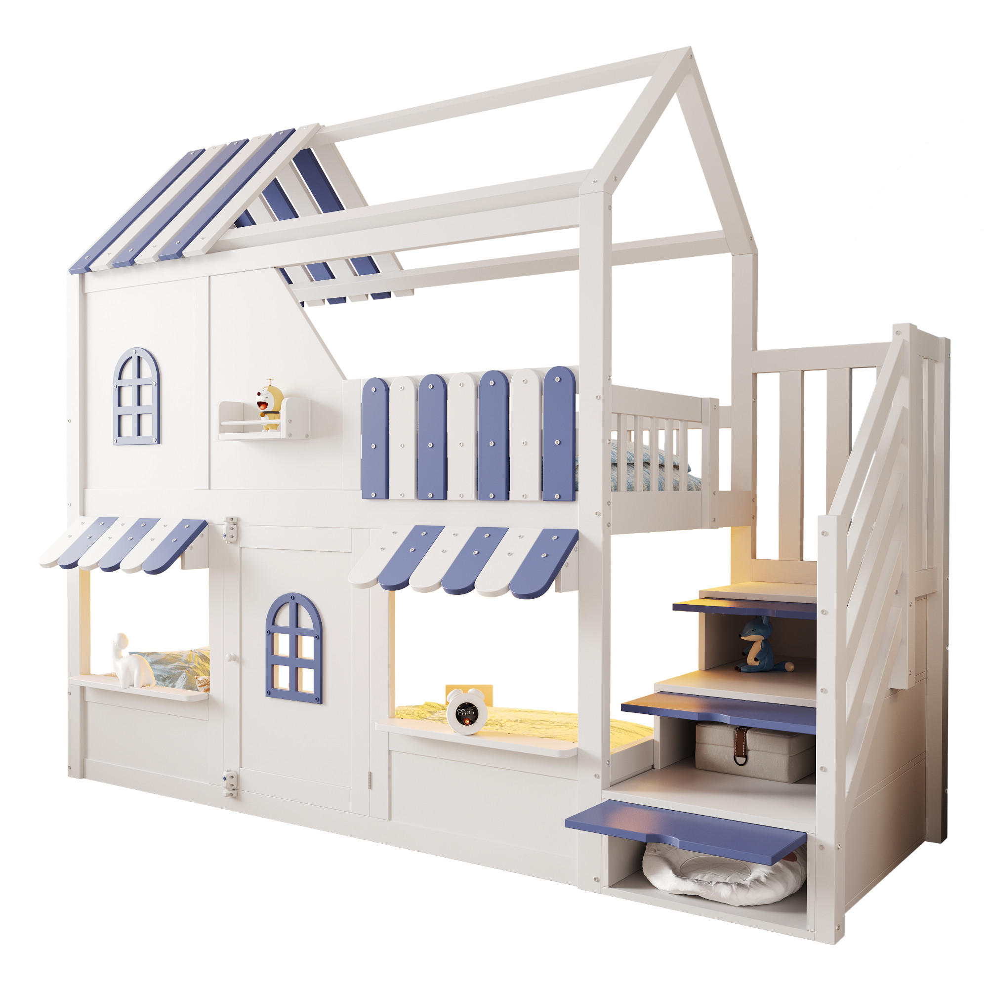ETAGENBETT 90/200 cm mit LED, Stauraumleiter und Regalen im Hausdesign, Weiß/Blau - Weiß, Holzwerkstoff (90/200cm) - Redom