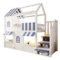 ETAGENBETT 90/200 cm mit LED, Stauraumleiter und Regalen im Hausdesign, Weiß/Blau - Weiß, Holzwerkstoff (90/200cm) - Redom
