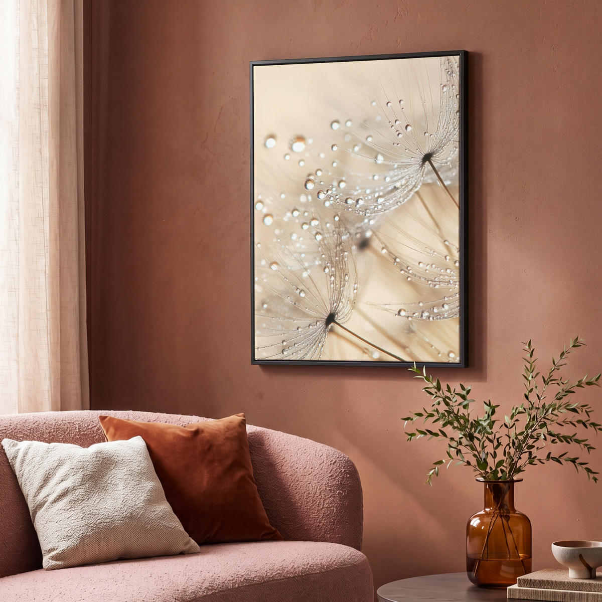 LEINWAND Bilder mit Rahmen - Löwenzahn - Abstrakt - Natur - Beige - 70x100 - Braun, Textil (70/100cm) - MuchoWow