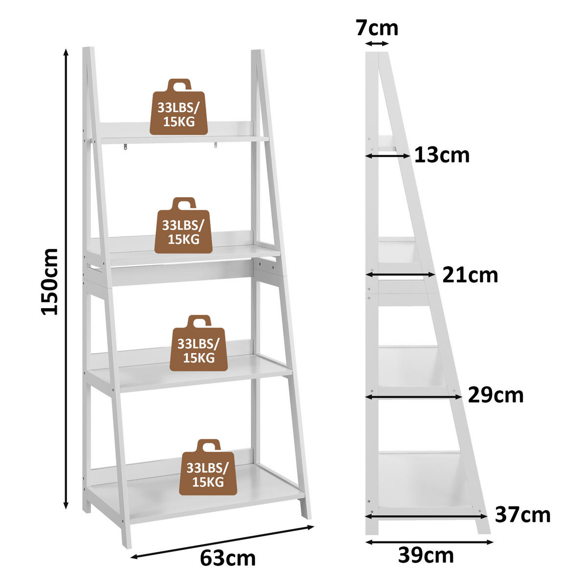 BÜCHERREGAL 4 Ebenen in Weiß – platzsparendes Bücherregal mit Kippschutz - Weiß, Holzwerkstoff (63/150/39cm) - BEAOK