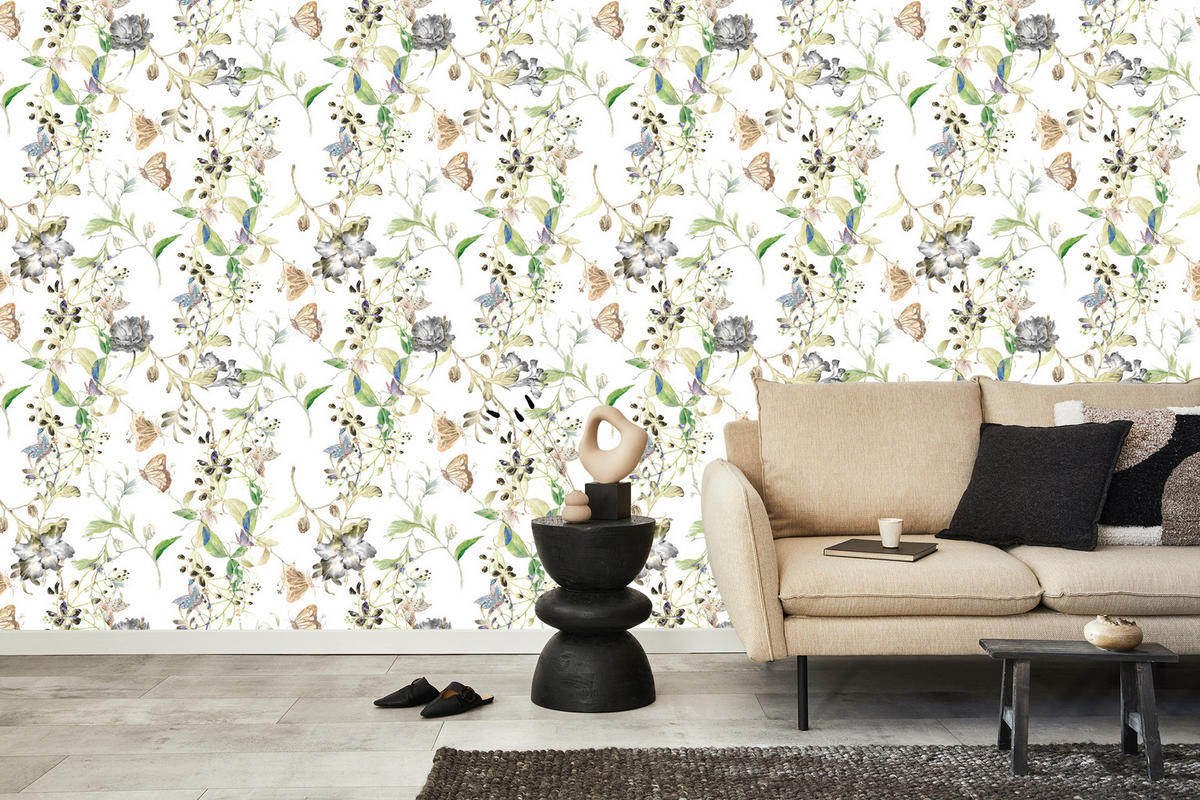 VLIESTAPETE Wiesenblumen im Retro-Stil – Grün, Beige, Weiß – 50x1000 cm - Beige/Weiß, Papier (50/1000cm) - Muralo