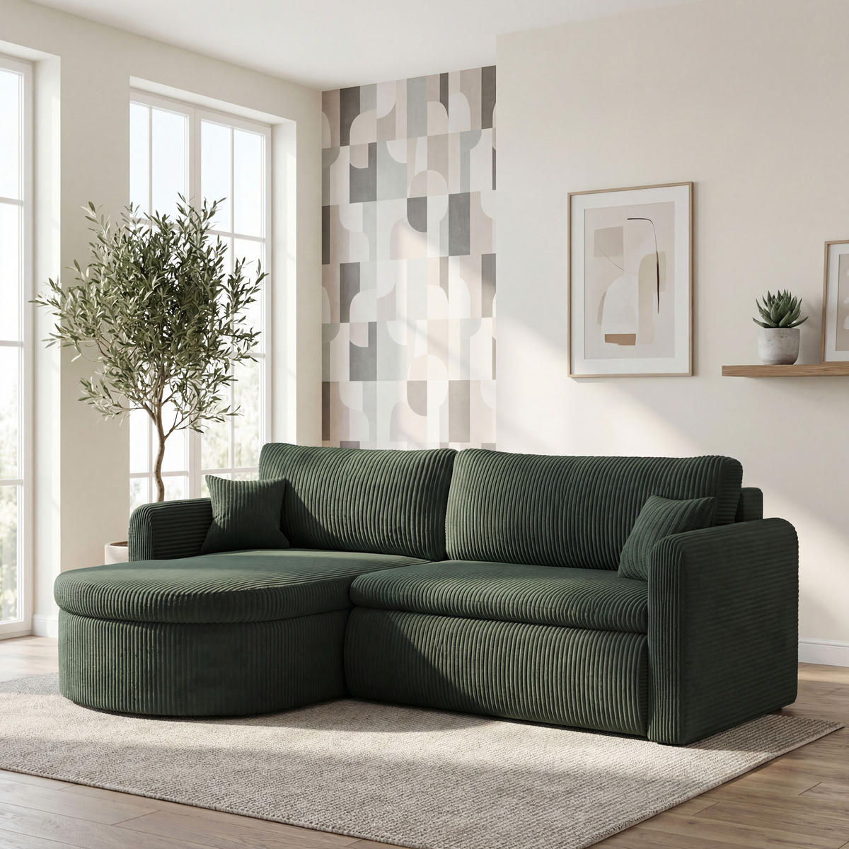ECKSOFA Cora mit Schlaffunktion & Stauraum, Universell Rechts/Links, Dunkelgrün Cord Chenille 260/82/160 cm - Dunkelgrün/Schwarz, Kunststoff/Textil (250/160cm) - WFL GROUP