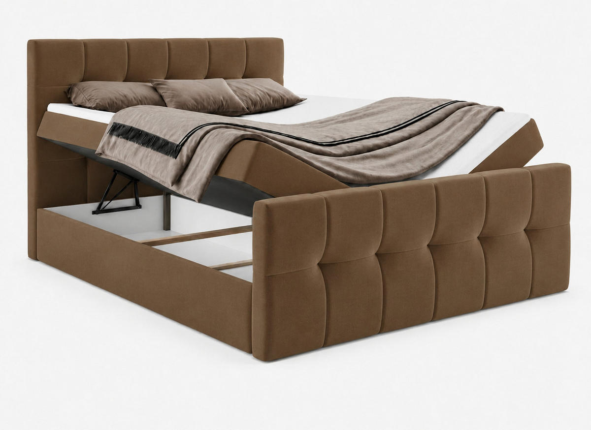 BOXBETT AUREN FRONT 160x200 cm Komplett-Set mit Bonell-Matratze, Topper und Bettkasten, Samt Braun - Braun, Textil (160/200cm) - Luxkor24
