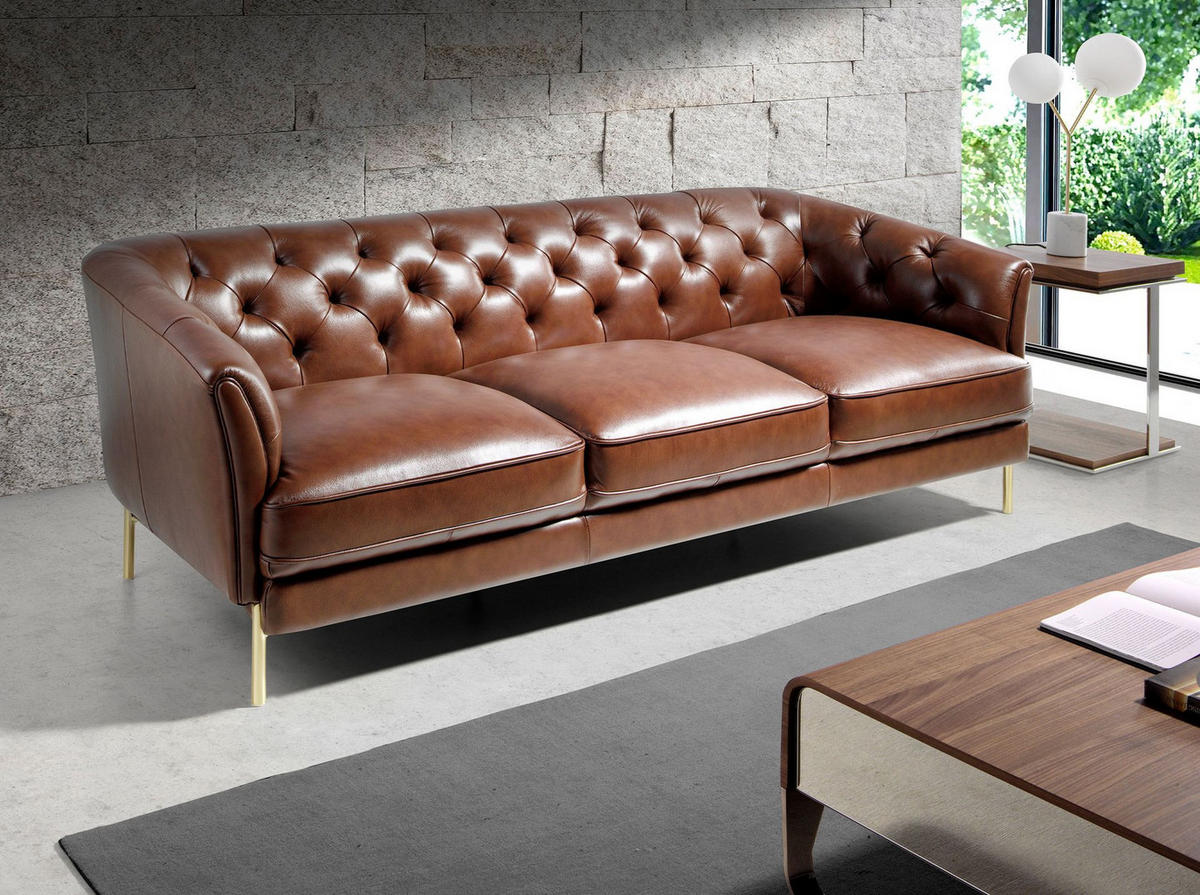 CHESTERFIELD-SOFA Chester 3-Sitzer Sofa in cognacbraunem Leder 233/94/75 cm - Goldfarben/Braun, Leder (233/75/94cm) - ANGEL CERDA