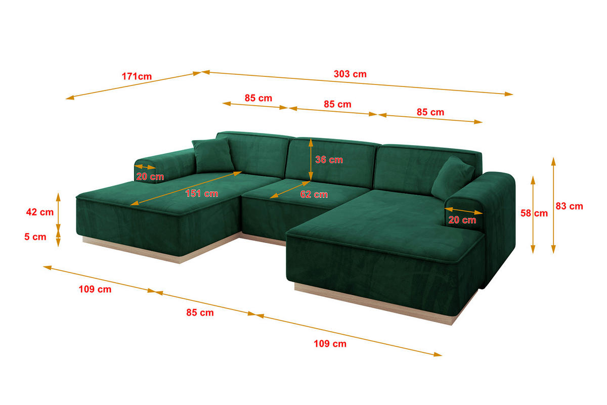 WOHNLANDSCHAFT IREA-U1 - 303x171x83 cm Grün - Smaragdgrün/Dunkelgrün, Holzwerkstoff/Textil (303/83/171cm) - ALTDECOR