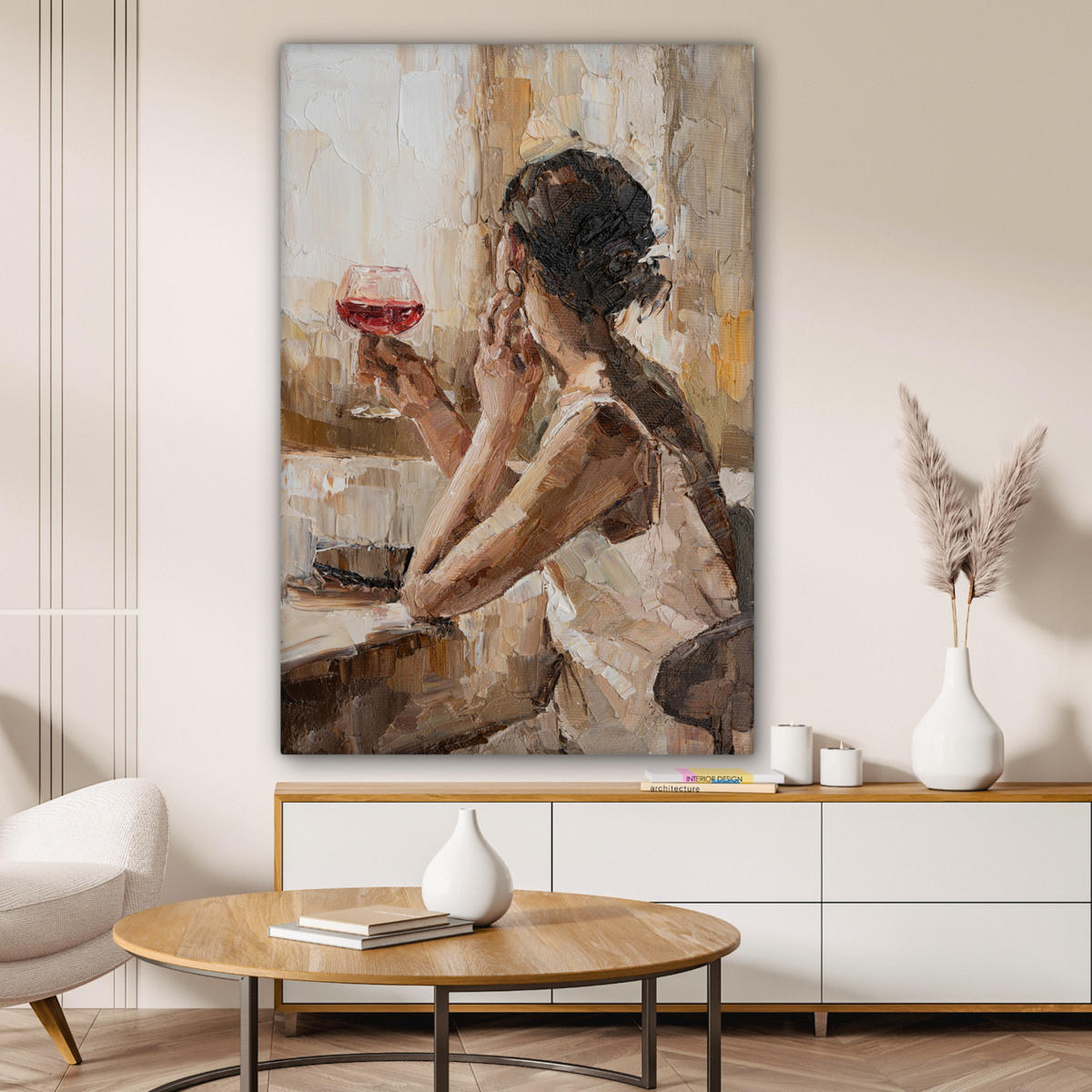 LEINWANDBILD Ölgemälde - Frau - Wein 80x120 cm - Hellbraun, Textil (80/120cm) - MuchoWow