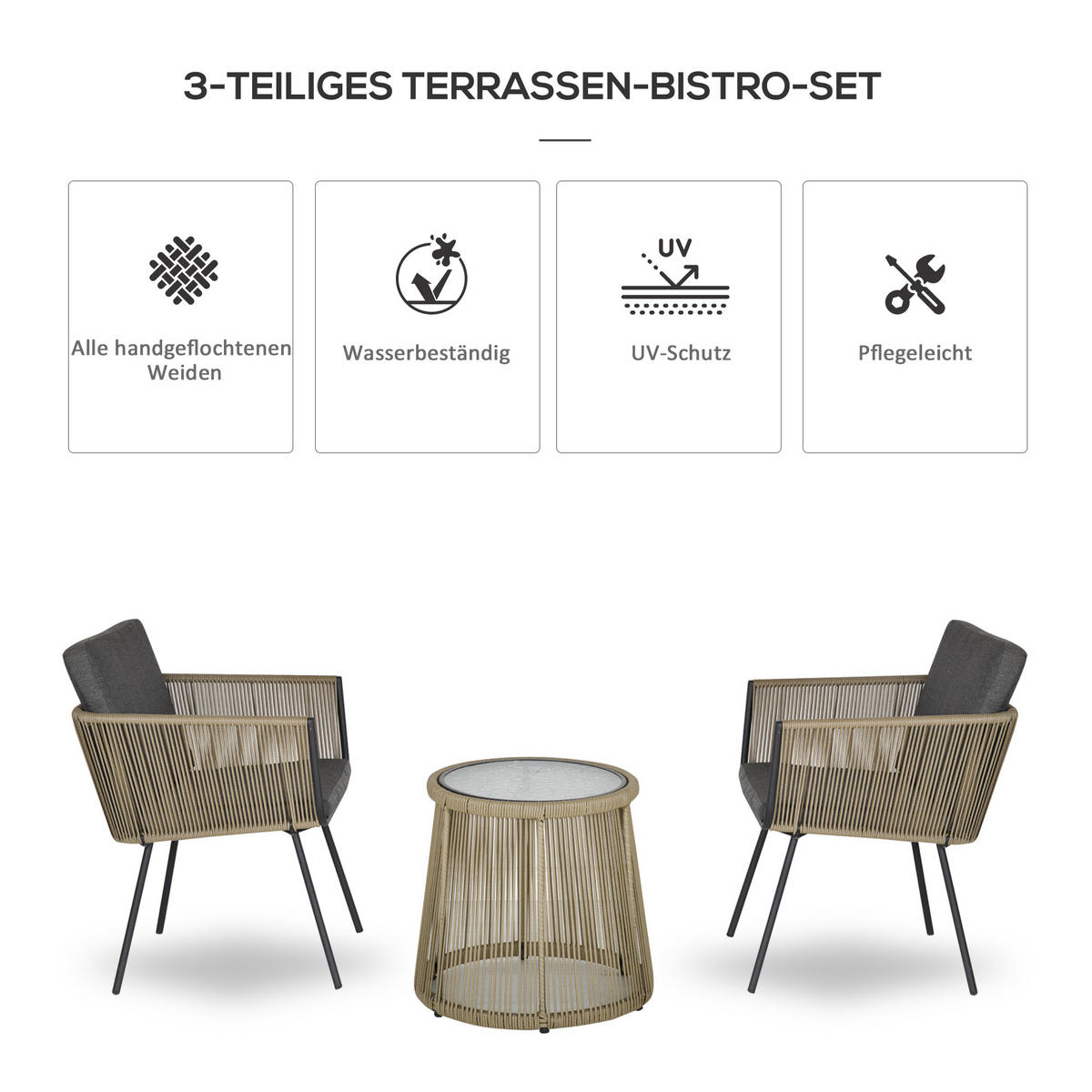 SITZGRUPPE, 3-tlg. Rattan Gartenmöbel-Set, Gartengarnitur mit 2 Gartenstühle - Grau, Kunststoff - Outsunny