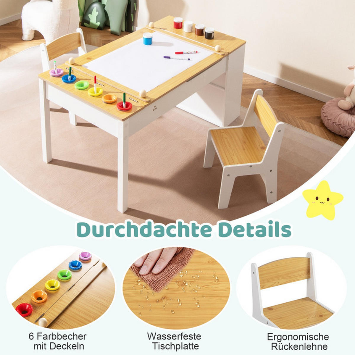 KINDERTISCH mit Stuhl natur(3-tlg) - Naturfarben, Holzwerkstoff (109/55/60cm) - COSTWAY