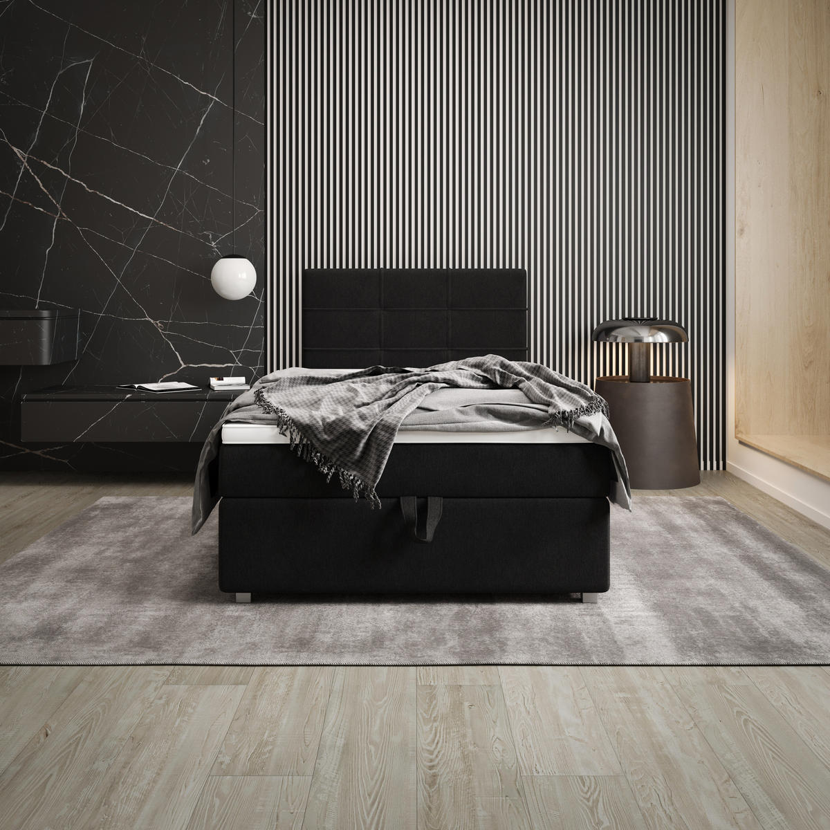 BOXBETT FADO 1 90x200, mit Matratze H3 und Topper, Cosmic 100 - Schwarz, Holz/Kunststoff (90/200cm) - Bedante