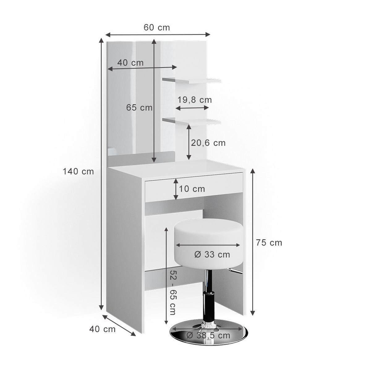 SCHMINKTISCH Isabelle Weiß 60 cm mit Hocker - Weiß, Holzwerkstoff (60/140/40cm) - Vicco