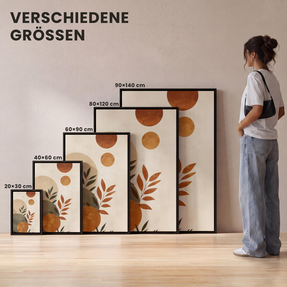 LEINWAND Bilder mit Rahmen - Formen - Rund - Blätter - Beige - 40x60 - Rostfarben, Textil (40/60cm) - MuchoWow