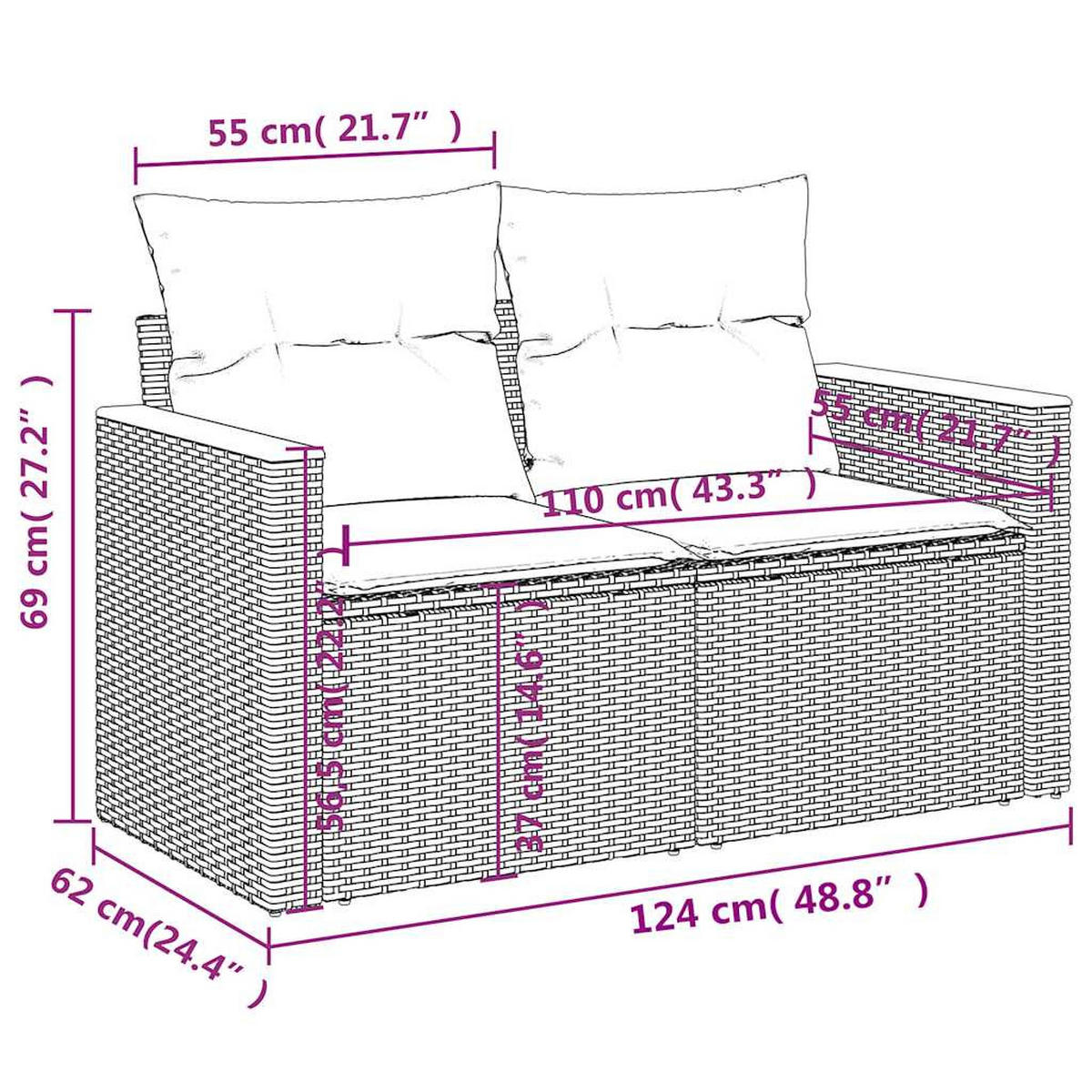 GARTENSOFA Mit Kissen 2-Sitzer Beige Poly Rattan - Beige, Kunststoff (124/69/62cm) - vidaXL