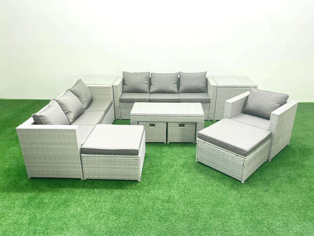 BALKONMÖBEL-SET Polyrattan Hellgrau-Mix 11-teilig - Hellgrau/Grau, Glas/Kunststoff - Fimous