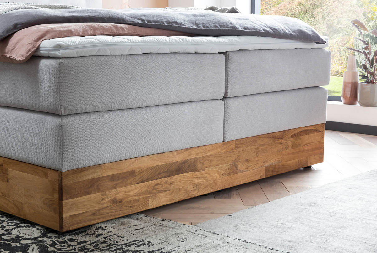 BOXSPRINGBETT MARBO 160x200 Weissgrau H2 und H3 mit Bettkasten 7-Zonen Taschenfederkern Matratze inkl. Visco Topper und Eiche - Weiß, Textil (160/200cm) - Belanoti