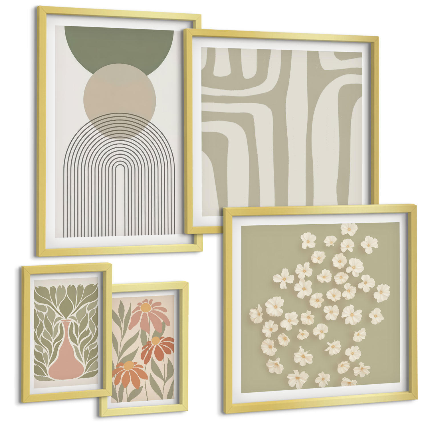 BILDER SET 5er Set - 50x50 cm & 20x30 cm & 40x60 cm Goldrahmen - Floraler minimalistischer Boho-Stil - Goldfarben, Kunststoff (40/60cm) - TULUP