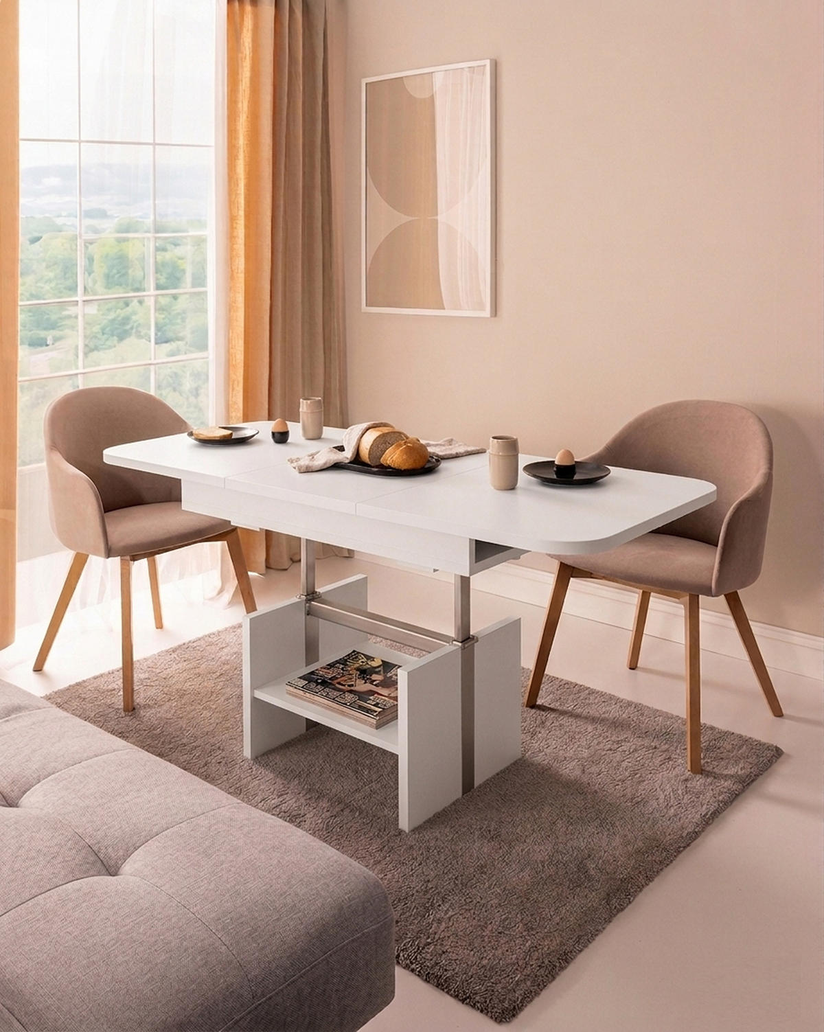 COUCHTISCH rechteckig ausziehbar höhenverstellbar Ablage 110/64/56 cm - Weiß, Holzwerkstoff (65/110/56cm) - designimpex