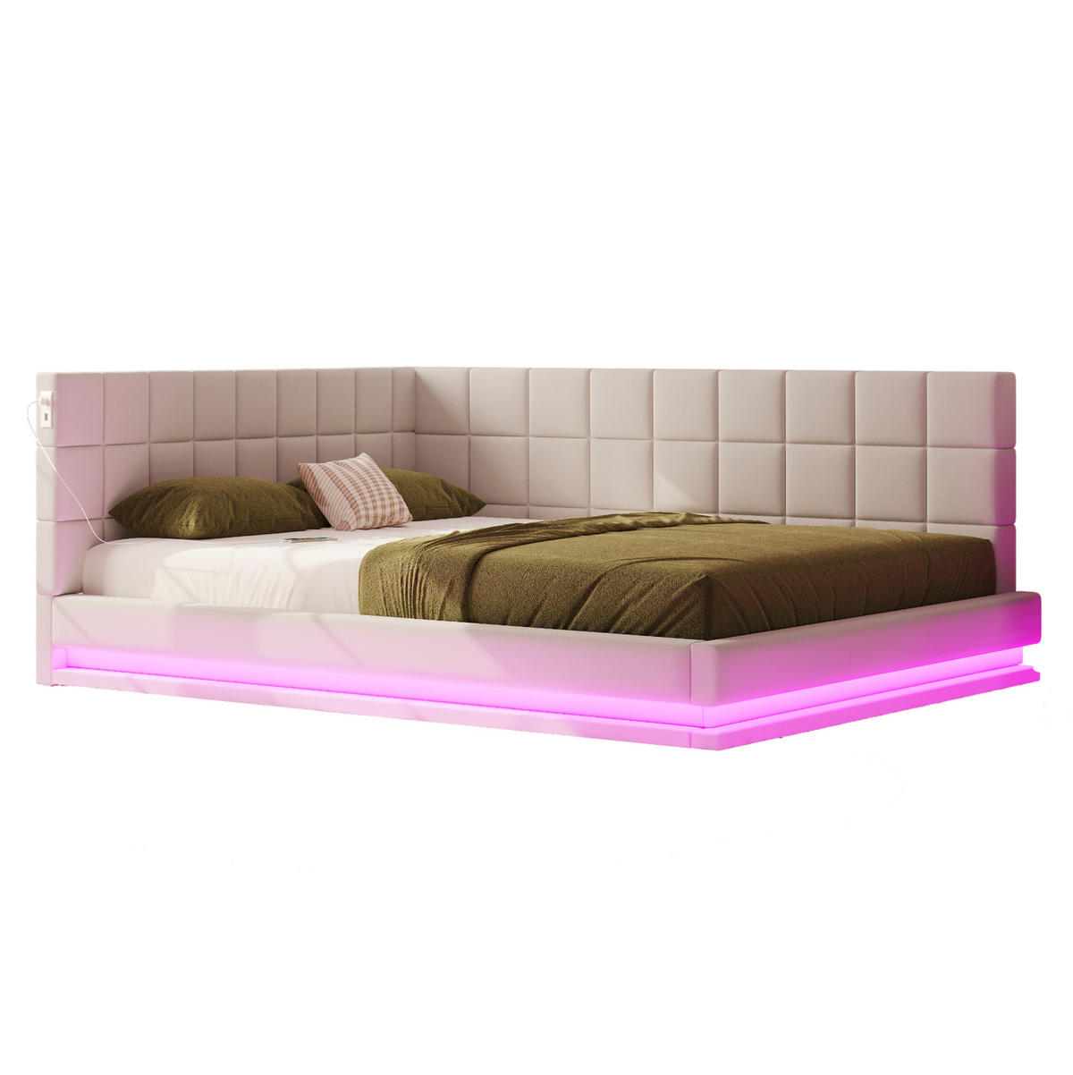 POLSTER-POLSTERBETT aus Leinenstoff 160x200 cm Beige mit LED-Beleuchtung, USB-Anschluss und Lattenrost - Beige, Textil (160/200cm) - Modfu