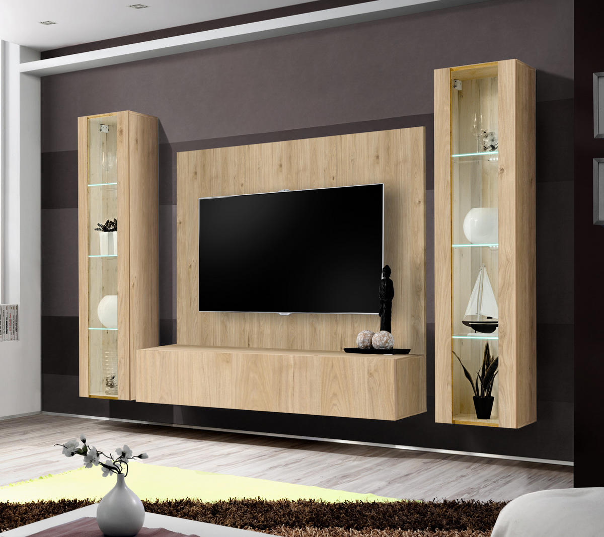 WOHNWAND Eiche Jackson 4-teilig 260 cm hängend, Schrankwand mit LED-Beleuchtung - Eichefarben, Glas/Holzwerkstoff (260/170/40cm) - Inn.Furn