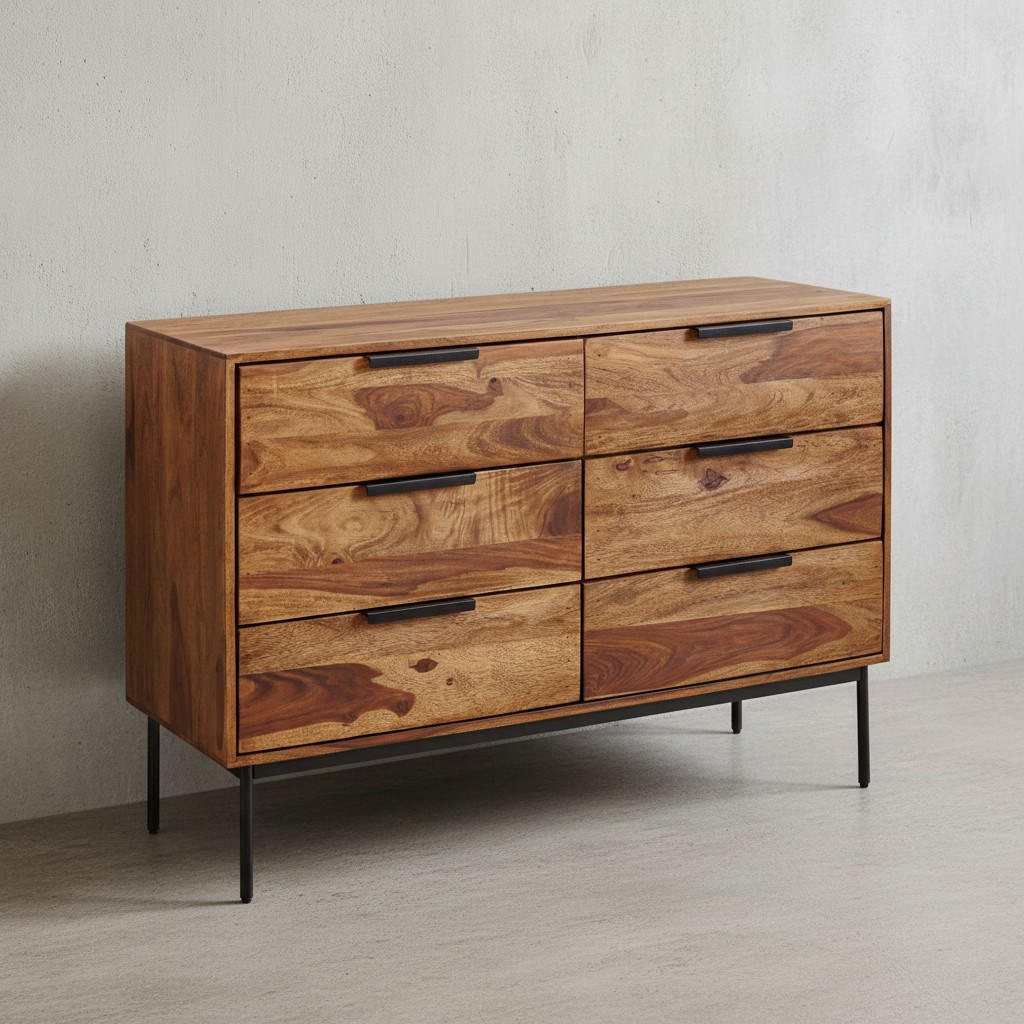 KOMMODE – Massivholz/Metall, 117x80x42 cm, 6 Schubladen, Industrial-Stil - Schwarz/Braun, Holz/Metall (117/80/42cm) - KADIMA DESIGN