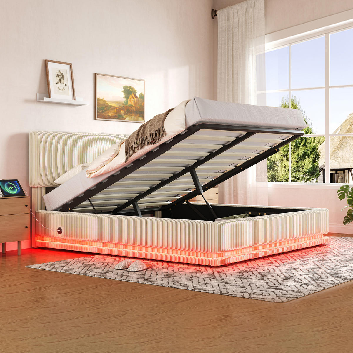 POLSTERBETT 140x200 cm LED USB Stauraum beige - Beige, Textil (140/200cm) - LEBENLANG